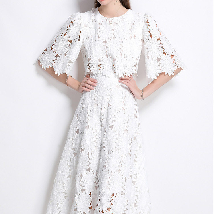 French Style Hollow Lace Set Short Flare Sleeve Shirt High Waisted Skirt Summer Fashion for Women Wholesale Available