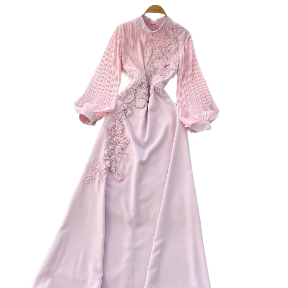 French Style Long Sleeve A Line Dress Embroidered Floral Design High Waist Flared Sleeves Elegant for Parties and