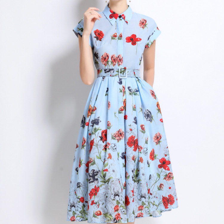 French Style Short Sleeve Polo Dress Waist Defining Flowy A Line Floral Print Summer Elegance for Women Wholesale