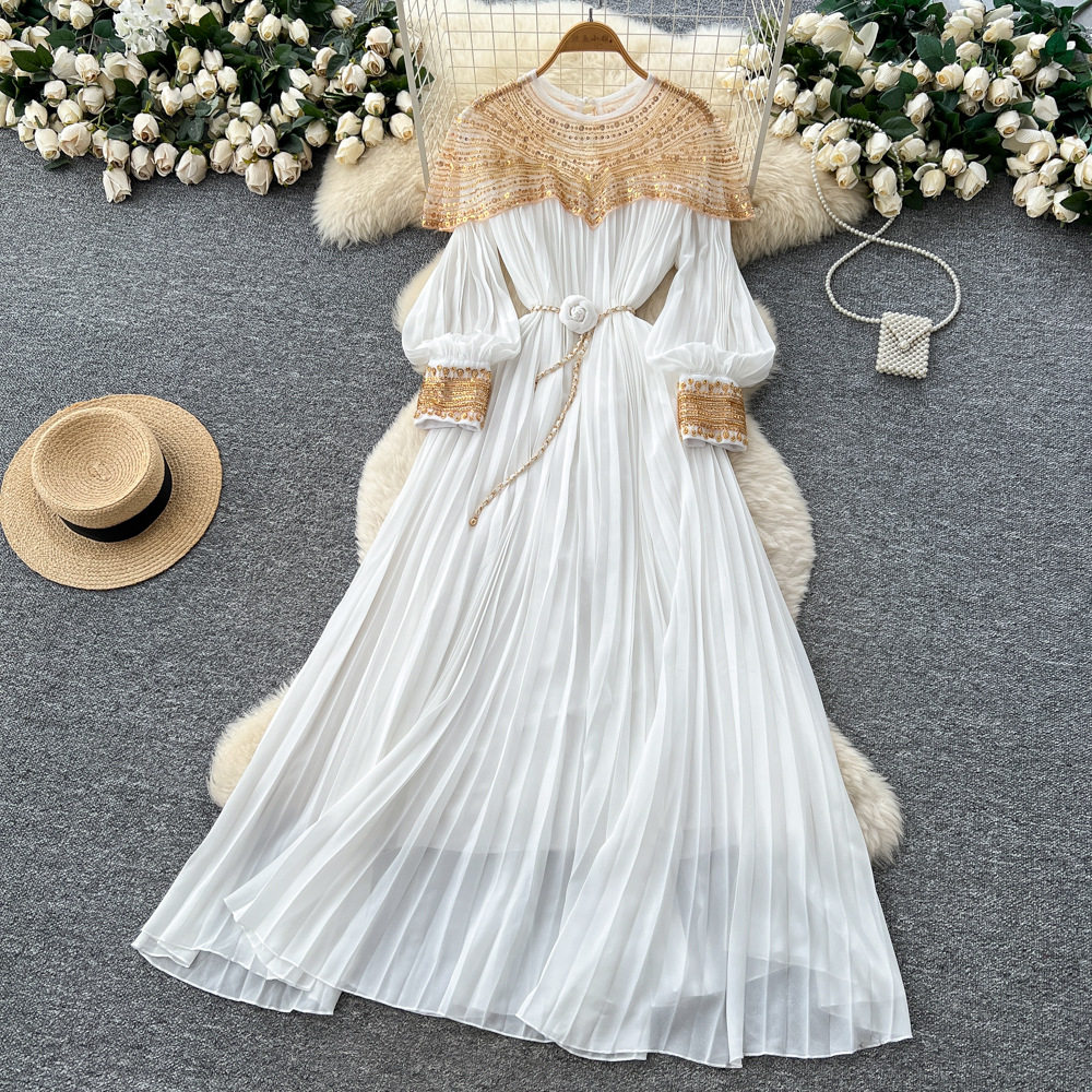 French Style Embroidered Beaded Sequin Mesh Lantern Sleeve Tie Waist Pleated Maxi Dress for Women Elegant Evening Wear