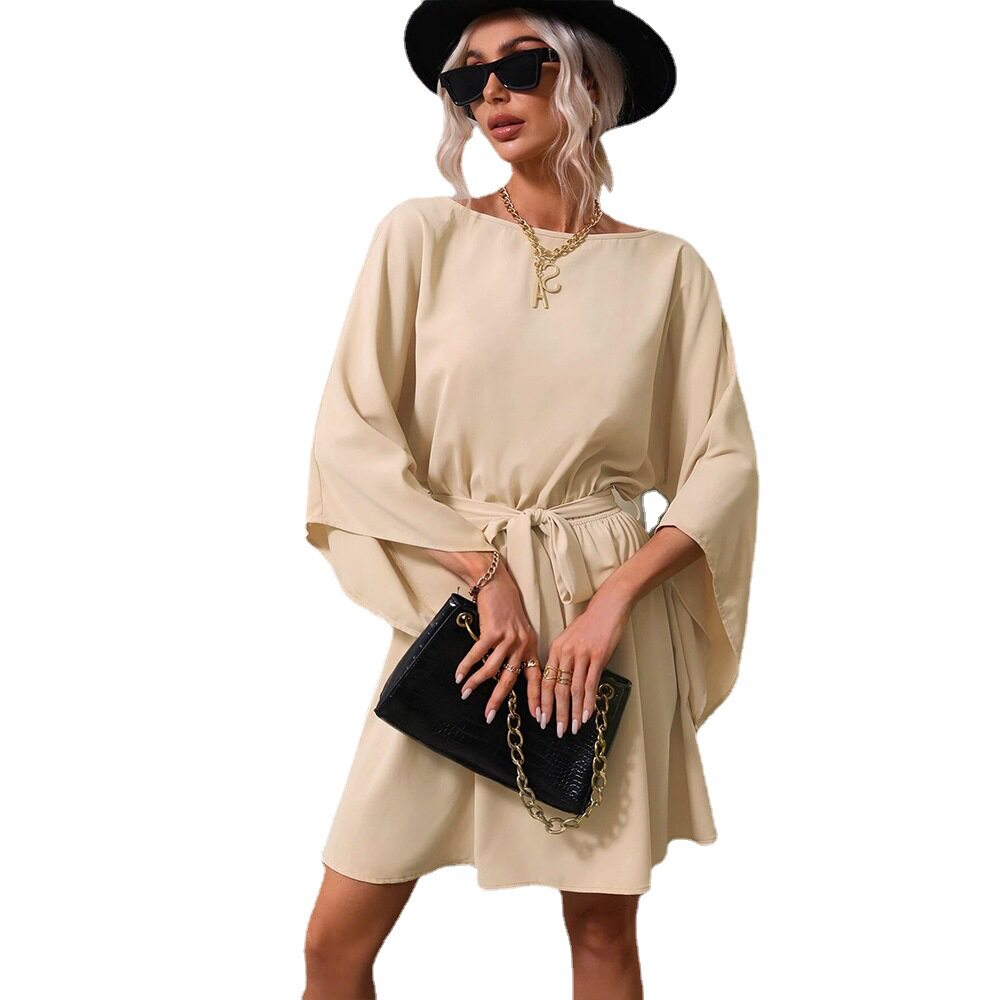 Womens Long Sleeve Dress Round Neck Elastic Waist Short Skirt Elegant Style for Casual Occasions Wholesale