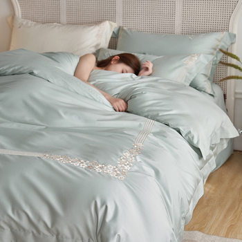 2025 new class a cotton embroidery four-piece set 1.5m bed sheet four-piece set mint green