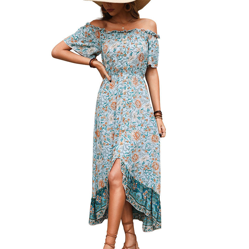 Floral Summer Dress Blue Color Off Shoulder Neckline Vintage French Style Perfect for Casual Outings Wholesale