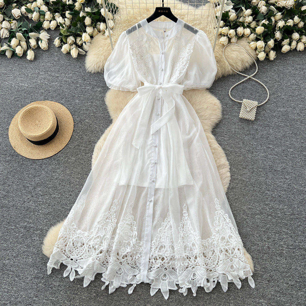 French Romantic Puff Sleeve Lace Dress for Women Breathable Skin Friendly Waist Defining A Line Summer Occasion