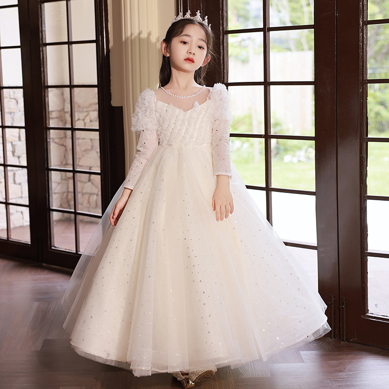 女童公主裙花童礼服2023新款儿童气质白色连衣裙钢琴演奏演出服-图0