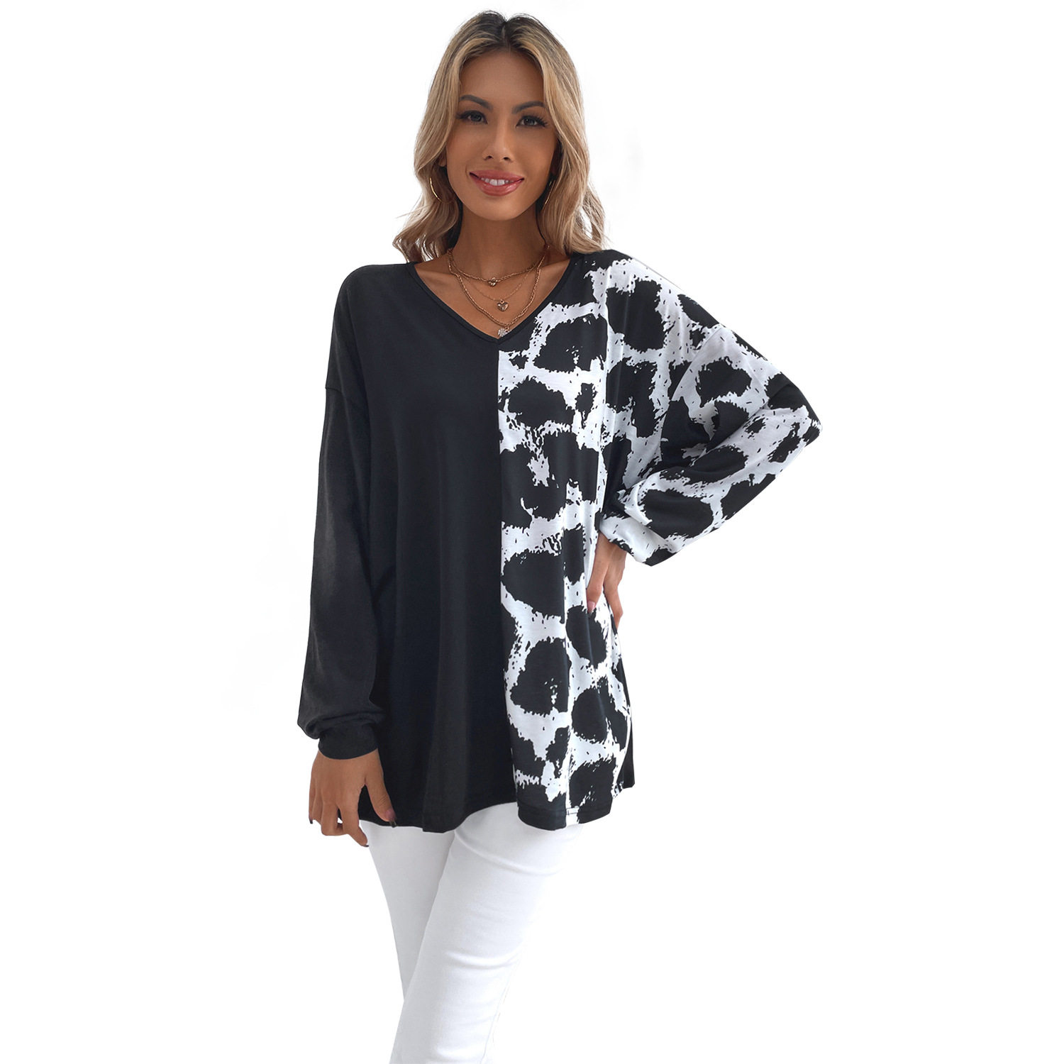 Womens Color Block Leopard Print V Neck Boyfriend T Shirt Casual Style Trendy Design Ready to Ship