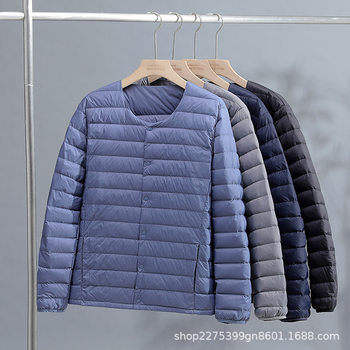 2024 New Men's Light down Jacket Short V Neck Round Neck Two-Wear Thin Large Size White Duck down Men's Outerwear