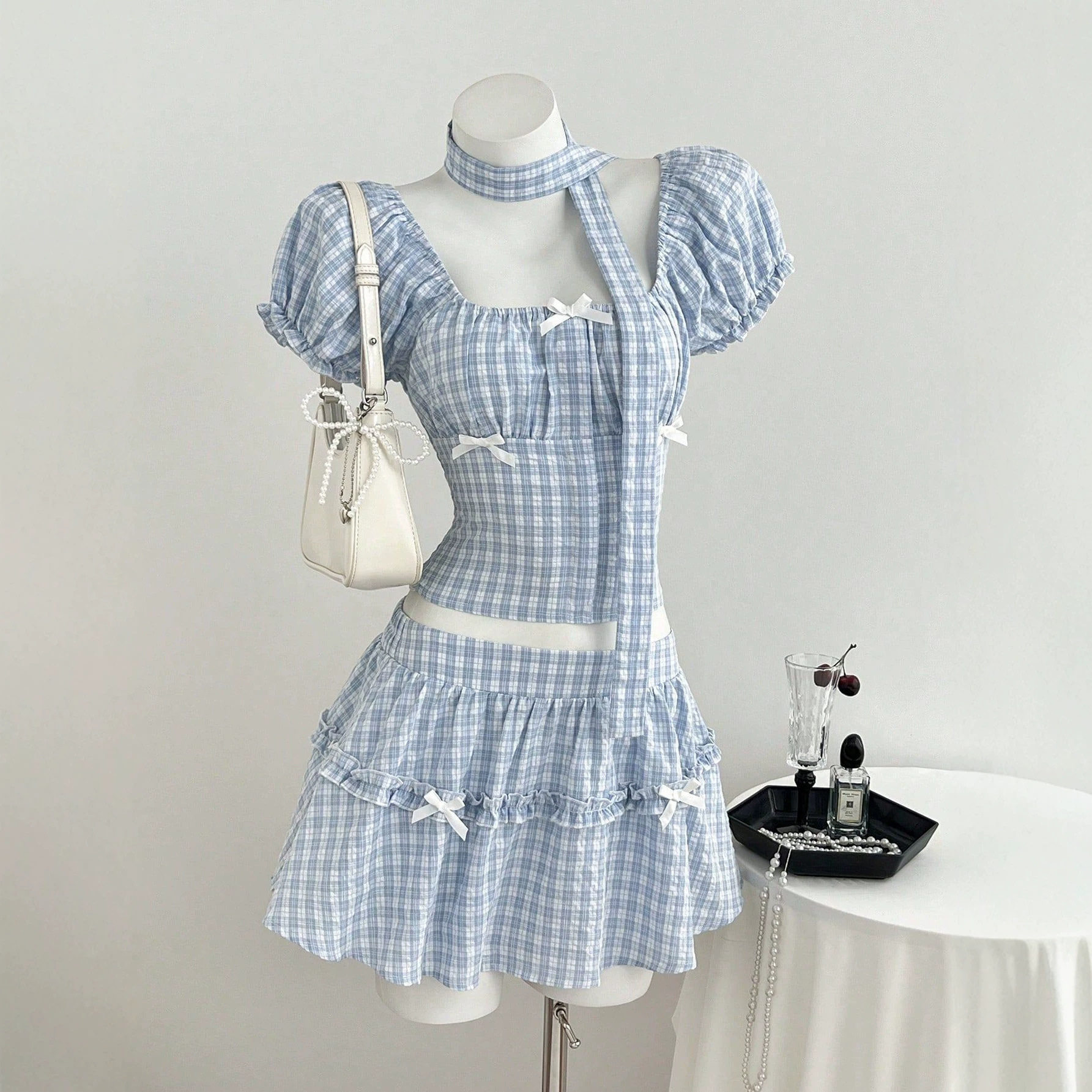 Summer Womens Plaid Puff Sleeve Shirt and A Line Skirt Set Casual Style Lightweight Fabric Perfect for Warm Weather