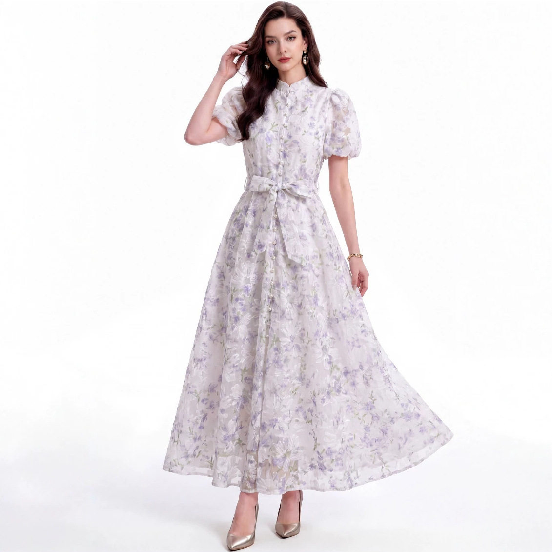 Romantic Rose Print Mesh Puff Sleeve Dress Summer Pearl Button Waist Defined Long Length Perfect for Casual or