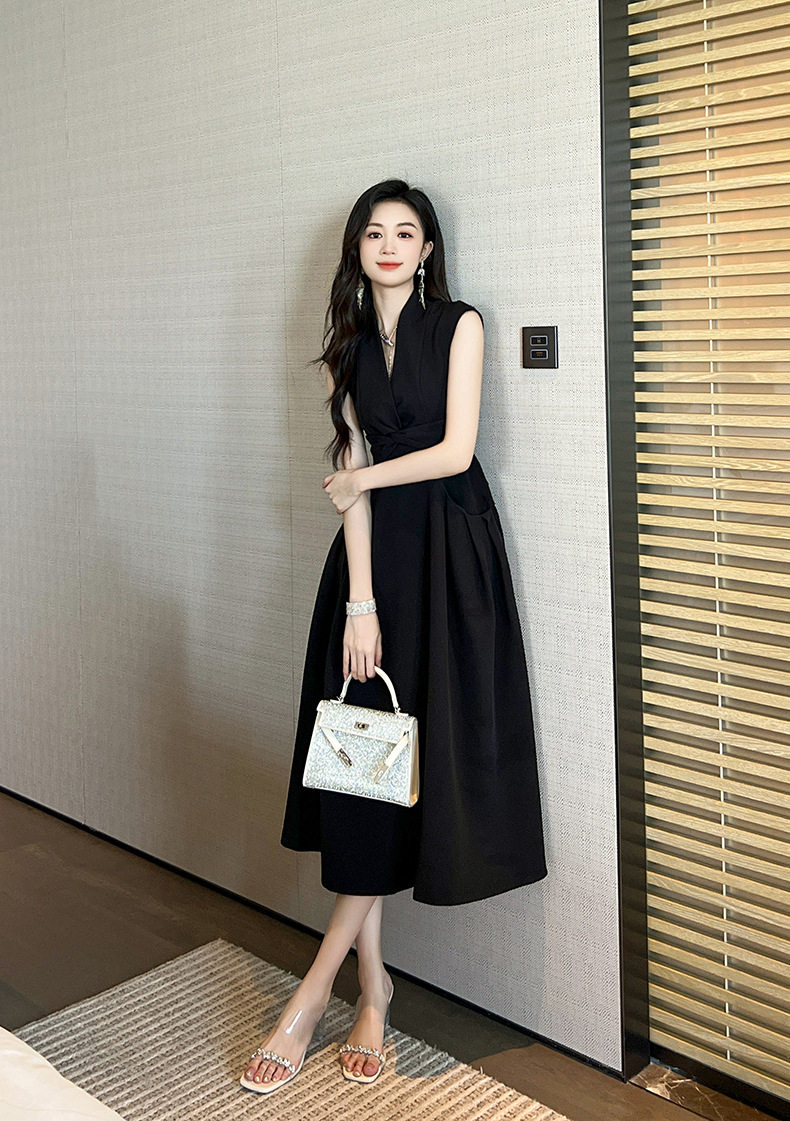 Đầm maxi nữ thắt eo cổ V tay ngắn có túi — [Đen] chi tiết 16