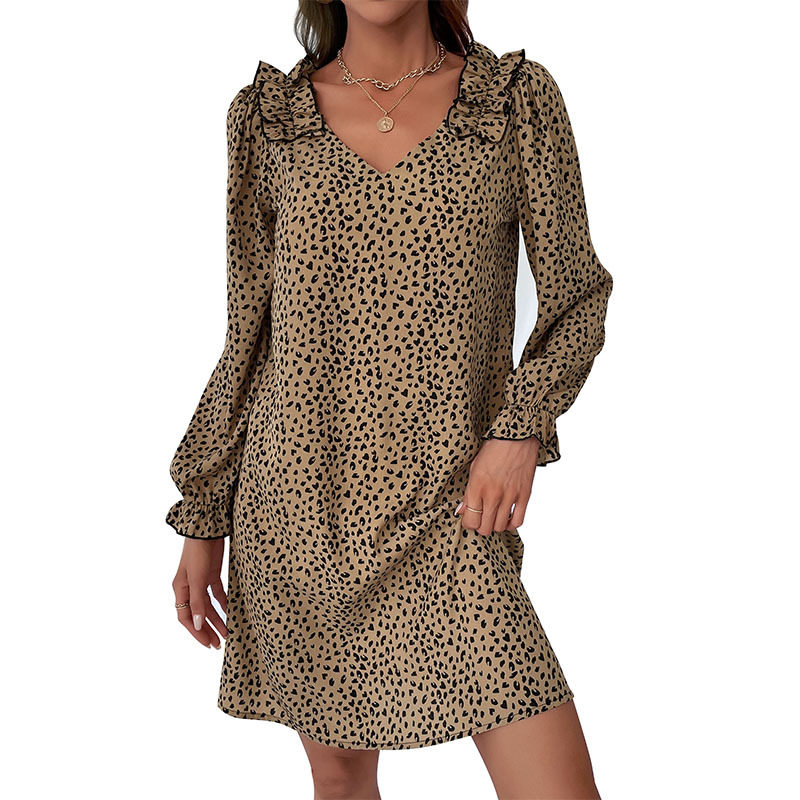 Leopard Print Long Sleeve Dress Loose Fit Ruffle Trim Autumn Fashion Perfect for Casual Outings OEM Available