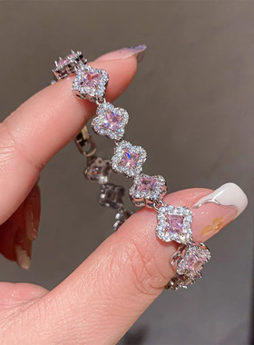 镀白金精致微镶5A级锆石四叶草手链女爆闪优雅气质镂空花朵手饰品