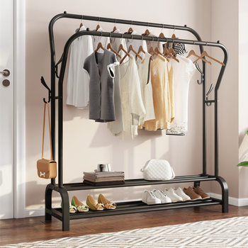 Multifunctional Floor-Standing Coat Rack, Clothes Rack, Simple Indoor Balcony Windproof Thickened Double Pole Clothes Drying Rod