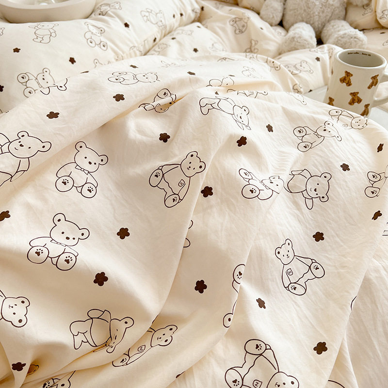 Thickened Double-Layer Yarn Four-Piece Bedding Cartoon Cute Bed Sheet Quilt Cover Bed Cover Cotton and Linen Dormitory Three-Piece Set