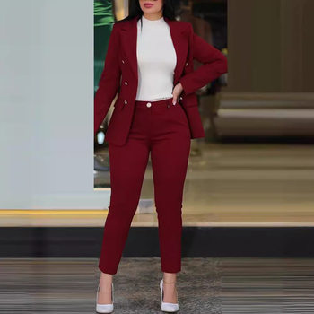 2024 Cross-border Women's Solid Color Slim-fit Casual Fashion Tight Waist Double-breasted Two-piece suit Suit