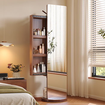 Solid Wood Dressing Mirror, Full-Body Floor-To-Ceiling Mirror, Home Bedroom Rotatable Mirror, Clothes Hanger, Makeup Cabinet, Integrated Storage Mirror