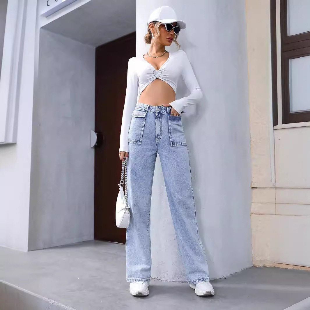 High Waisted Straight Leg Denim Pants Pocket Design Casual Style Womens Fashion Wholesale Available