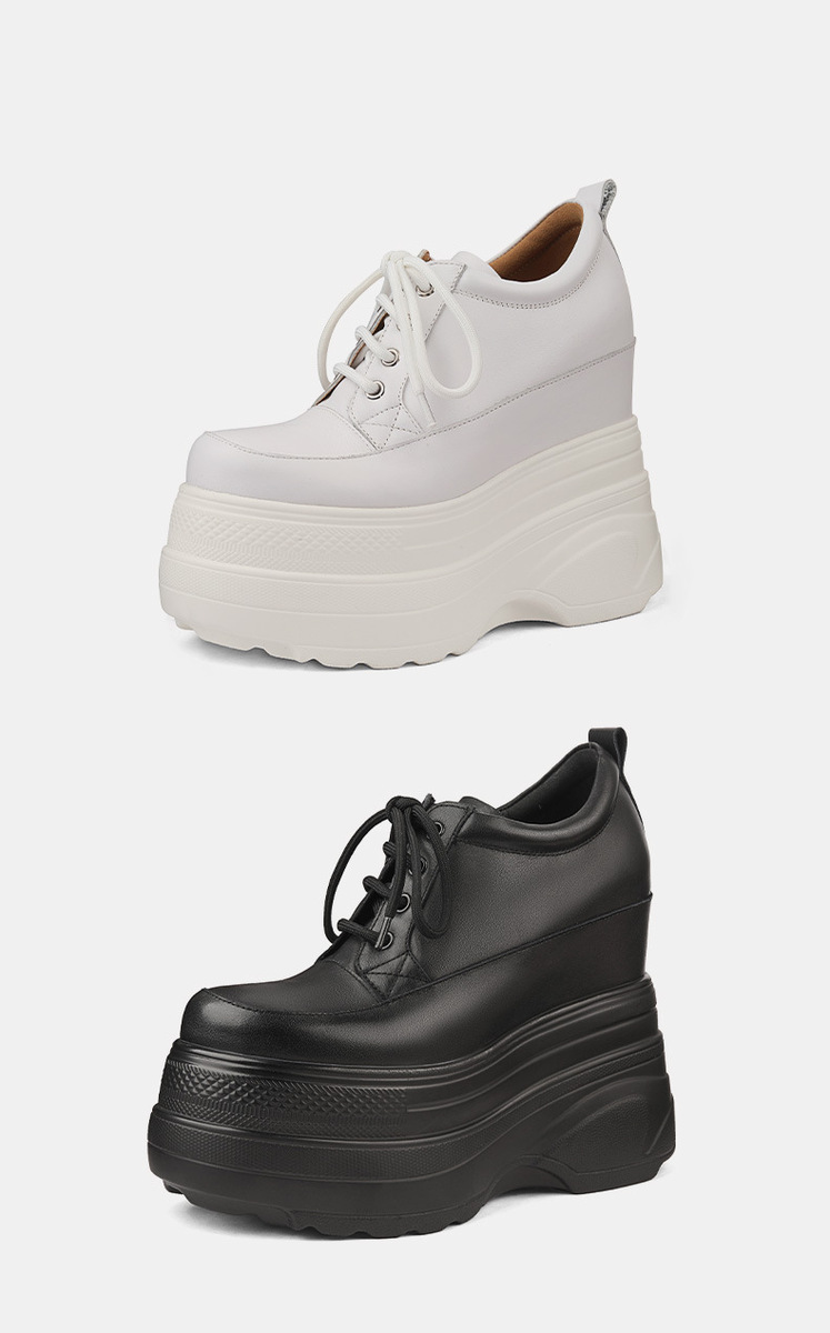 Giày sneaker nữ da bò đế dày tăng chiều cao 14cm dây buộc — Màu đen, Màu trắng