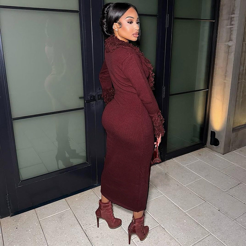 Knit Bodycon Dress Long Sleeve Deep V Neck Fringe Detail Solid Color Autumn Winter Fashion for Parties Wholesale