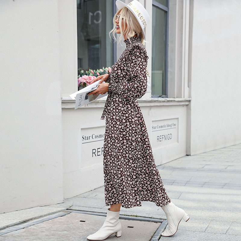 Spring Floral Maxi Dress for Women High Neck Long Sleeve Fashionable Design Perfect for Casual or Formal Occasions