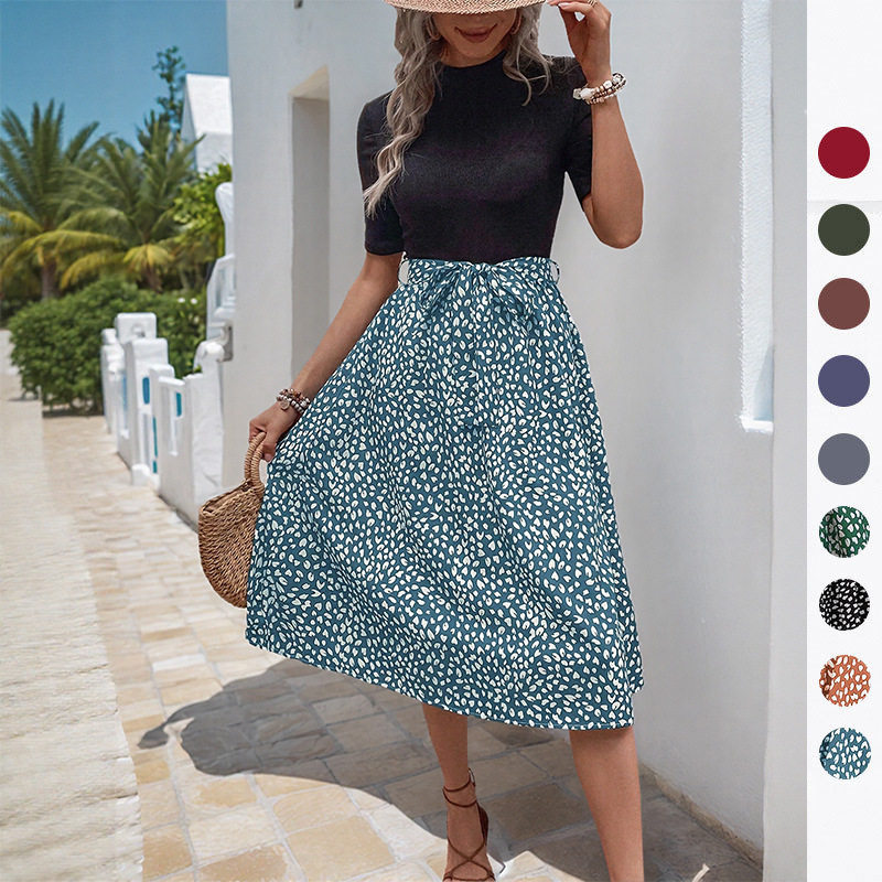 Summer Elegant Color Block Leopard Print Dress Half High Neck Fresh Style Versatile for Casual or Party Wholesale