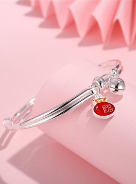 新款民族风足银珐琅上色推拉手镯时尚红色福袋铃铛点缀纯银手环