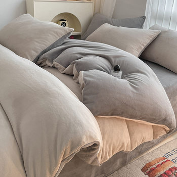 Solid Color Milk Velvet Four-Piece Winter Warm Coral Velvet Bed Bed Sheets Quilt Cover Nantong Flannel Bedding Fleece-Lined