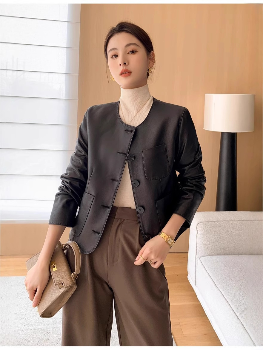 Áo khoác da cừu nữ ngắn cổ tròn phong cách dạo phố — Da cừu màu đen