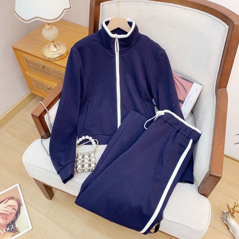 Bộ đồ nữ áo hoodie cổ cao phối màu kèm quần dài ống rộng lưng thun — Áo khoác màu xanh navy, Quần dài casual màu xanh navy