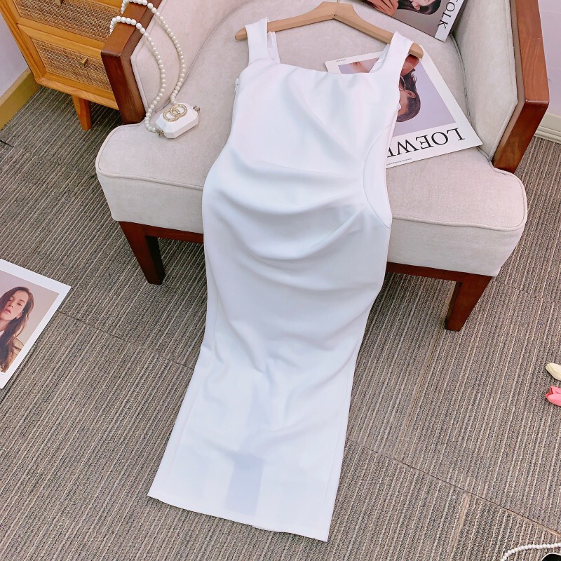 Đầm dây ôm body cổ vuông dáng dài thanh lịch cho nữ — núi tuyết trắng