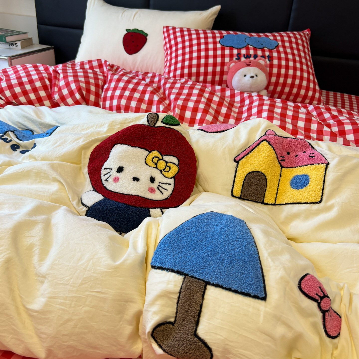 Category a Maternal and Infant Grade Naked Sleeping Pure Washed Cotton Towel Embroidered Four-Piece Set Ins Cartoon Style Cotton Student Dormitory Three-Piece Set