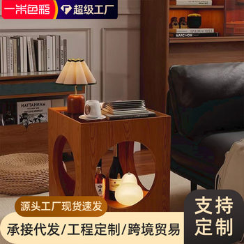 Medieval Style Sofa Storage Side Table Movable Square Coffee Table Solid Wood Glass Small Coffee Table Corner Table Mini Bedside Table