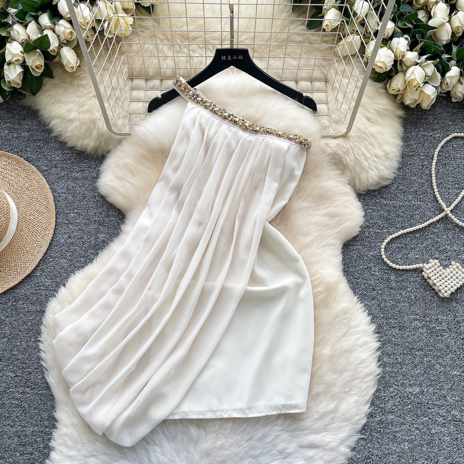 French Style Backless A Line Dress Rhinestone Embellished Asymmetrical Neckline Slim Fit Summer Vacation Wear