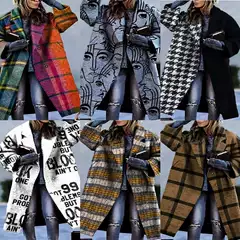 2027 European and American Autumn Cross-Border Women's Fashion, Various Color-Blocked Plaid Long-Sleeve Lapel Coats, Printed Dragon and Phoenix Woolen Coats