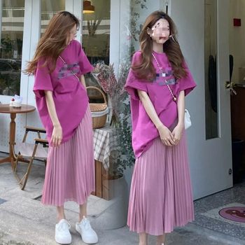 Maternity Suit 2025 Summer Loose Short-Sleeved T-Shirt Top Women's Korean Style Pleated Slimming Look Belly Support Skirt