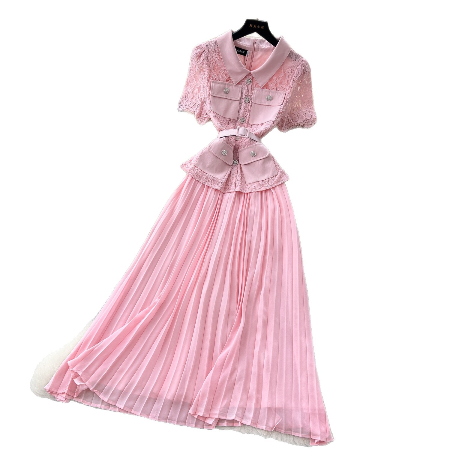 Red Lace Trimmed Dress French Chic Elegant Pleats Summer Style Perfect for Commuting and Special Occasions