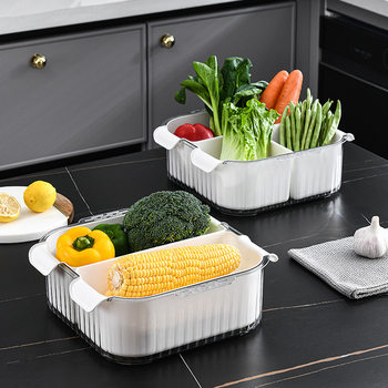 Household Transparent Hot Pot Dish Plate Double-layer PET Draining Basket Kitchen Fruit and Vegetable Storage Split Wash Basket Vegetable Basket