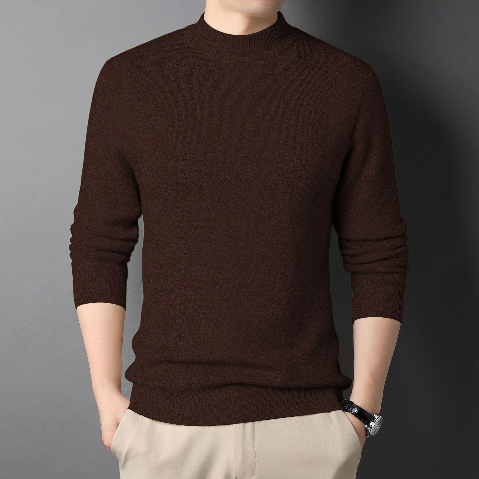 新款抖音直播春秋季纯色半高领男士修身毛衣男青年打底毛衫男装