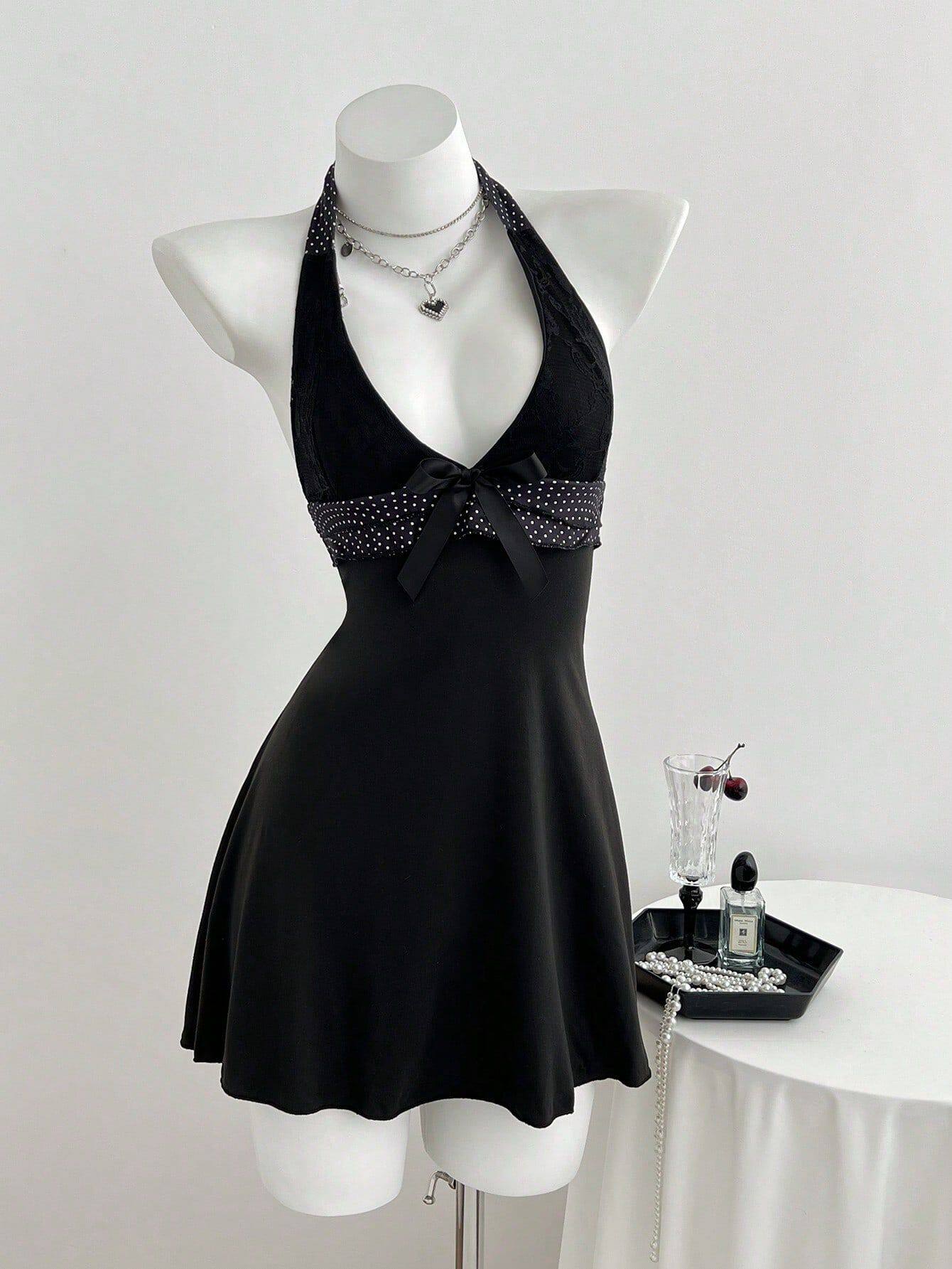 V Neck Halter Mini Dress Ruffled Hem Bow Tie Slim Fit Elegant Evening Wear Ready to Ship private label