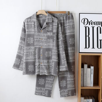 New Casual Yarn-dyed Pure Cotton Gauze Men's Pajamas Spring and Autumn Thin Cardigan Long-sleeved Loose Home Clothes suit