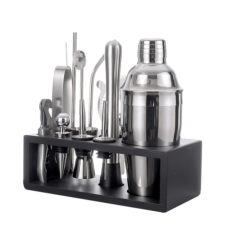 Cross-border explosions wooden frame bartender set stainless steel 550ml shake cocktail bar tools full set of 13 pieces