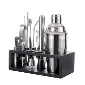 Cross-border explosions wooden frame bartender set stainless steel 550ml shake cocktail bar tools full set of 13 pieces