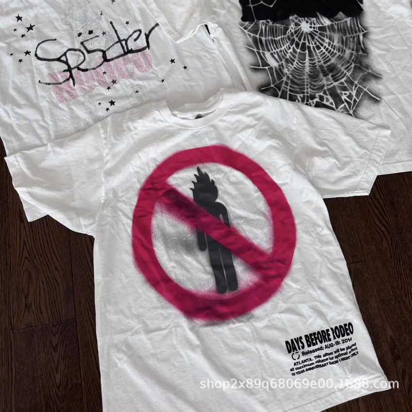 Cross-border European and American trendy brand Travis Scot stickman prohibited logo letter short-sleeved T-shirt for men and women high street half-sleeve