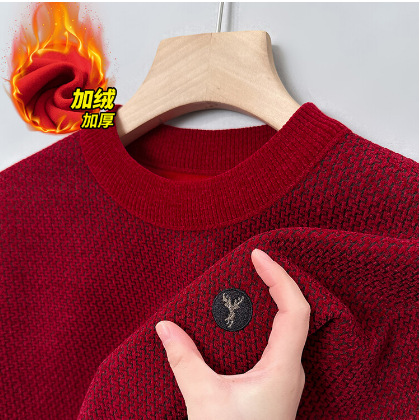 男士加绒雪貂绒针织毛衣青年男款时尚刺绣加厚保暖打底衫上衣男