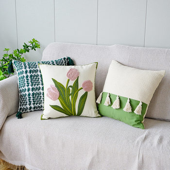 Green Fresh Ins Tulip Pillow Case Simple Embroidered Flower Sofa Bedside Cushion Office Waist Pillow