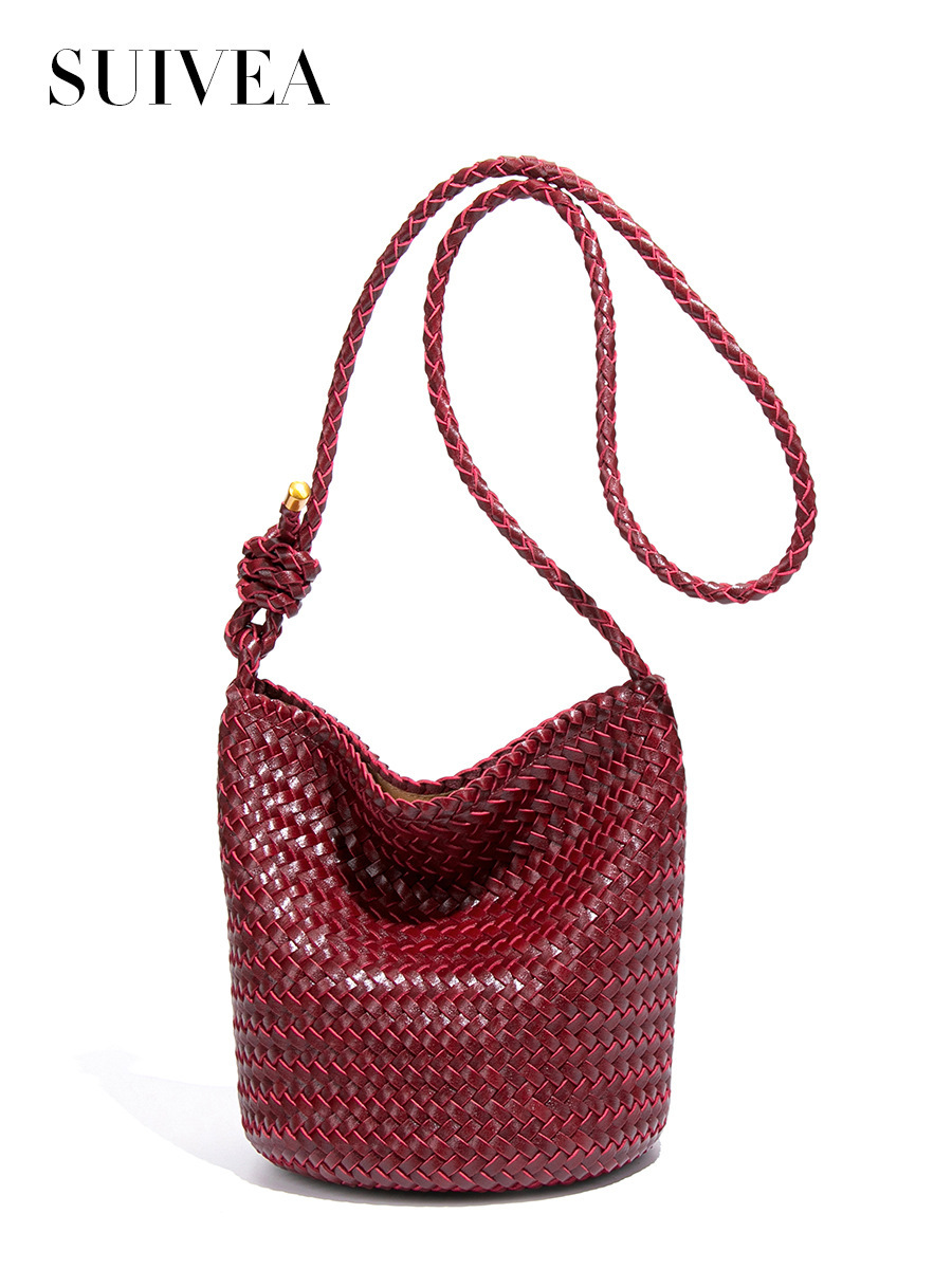 Túi bucket nữ dáng xô đan họa tiết chữ V, túi đeo vai và xách tay thời trang — B2505 # Đỏ hoa anh túc, B2505 # Hồng phấn, B2505 # Maltose, B2505 # Màu cát sẫm