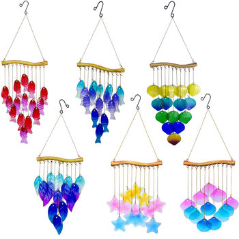 Cross-border New Wind Bell Courtyard Hanging Iron Hot Melt Stained Glass Fish Leaves Creative Garden Home Hanging Decoration