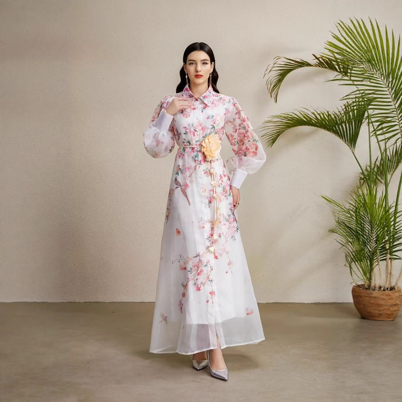 French Court Style Dress Elegant Floral Print Lantern Sleeves Waist Tie Sheer Fabric Perfect for Formal Events