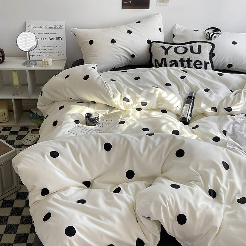 Korean style simple ins milky white polka dot skin-friendly brushed vintage striped bed sheet quilt cover 1.5 m1.8 three or four-piece set