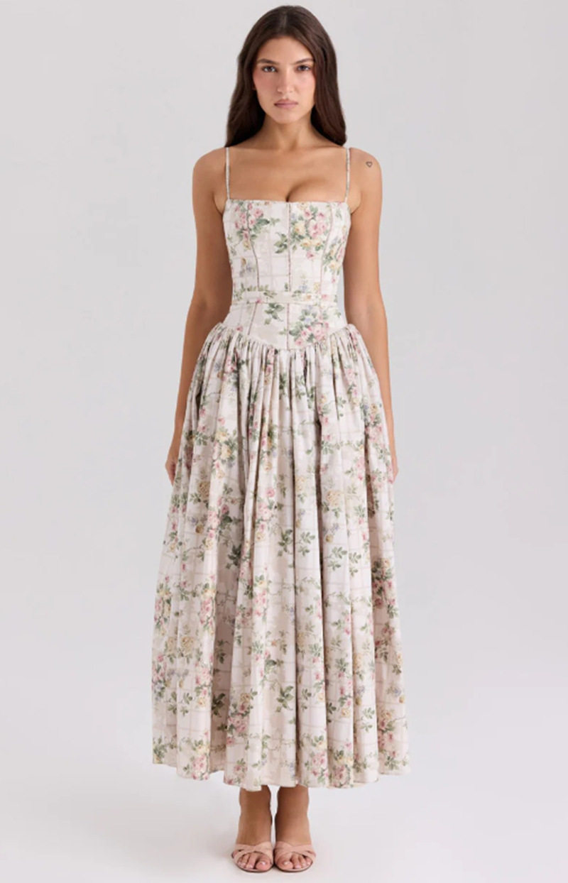 Elegant Floral Print A Line Maxi Dress Slim Fit Sleeveless Soft Fabric Perfect for Summer Events Wholesale Available